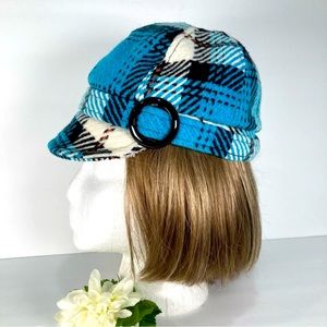 Hi Dee Ho Plaid Newsboy Cap Brim Buckle Matching Band Aqua Black White